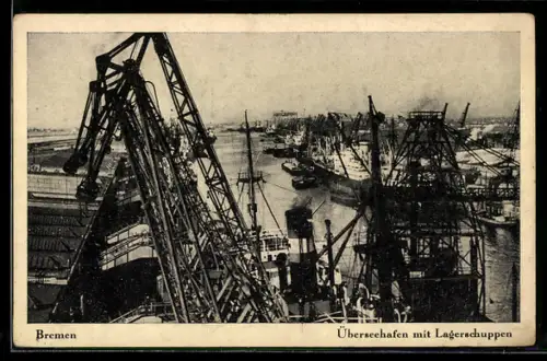 AK Bremen, Überseehafen mit Lagerschuppen aus der Vogelschau