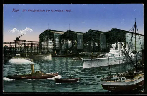 AK Kiel, Schiffbauhöfe der Germania-Werft, Dampfer, Kriegsschiff