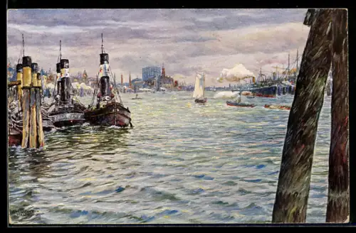 AK Hamburg, Hafen von den Landungsbrücken aus, Dampfer