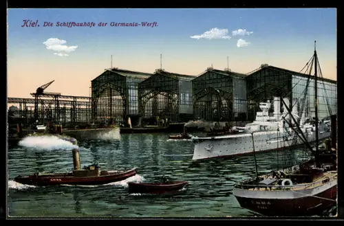 AK Kiel, Schiffbauhöfe der Germania-Werft, Dampfer, Kriegsschiff