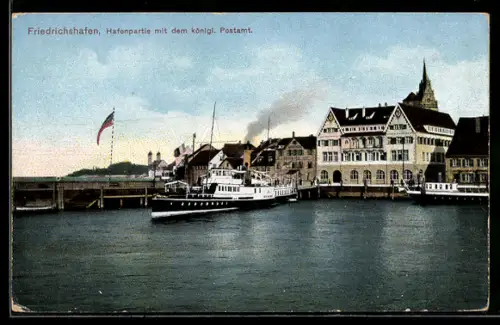AK Friedrichshafen, Hafenpartie mit dem königl. Postamt
