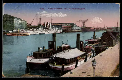 AK Kiel, Handelshafen mit Germaniawerft, Dampfschiffe