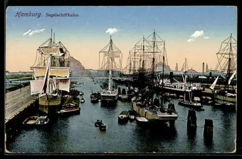 AK Hamburg, Segelschiffhafen mit Schiffen und Strasse