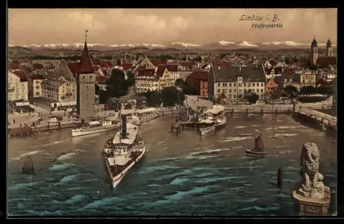 AK Lindau i. B., Hafenpartie mit Löwendenkmal