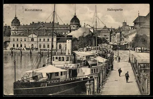AK Konstanz, Partie am Hafen mit Bodensee-Dampfer