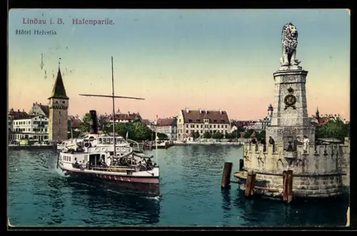 AK Lindau i. B., Hafenpartie mit Hotel Helvetia
