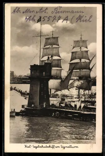 AK Kiel, Segelschiff am Signalturm, Leuchtturm