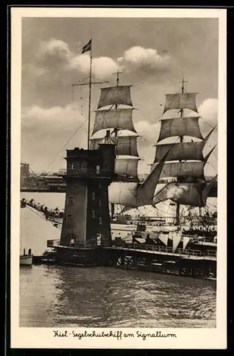 AK Kiel, Segelschiff am Signalturm, Leuchtturm