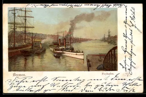 Lithographie Bremen, Segelschiffe im Freihafen