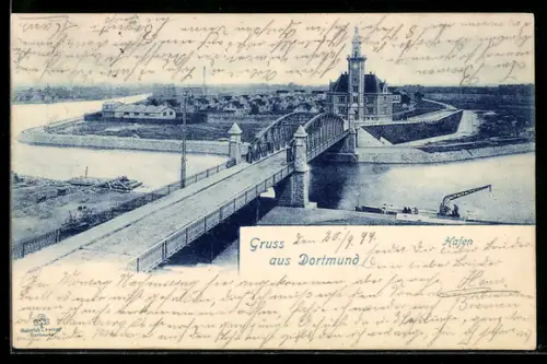 AK Dortmund, Hafen mit Brücke und Turmgebäude aus der Vogelschau