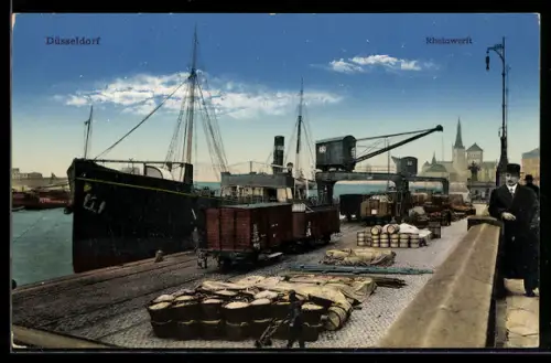 AK Düsseldorf, Rheinwerft, Löschgut, Stadtpanorama