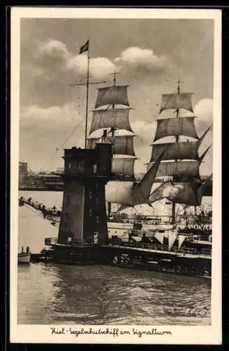 AK Kiel, Segelschiff am Signalturm, Leuchtturm