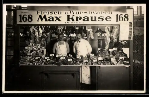 Foto-AK Dresden, Markthalle am Antonsplatz mit Fleischergeschäft von Max Krause