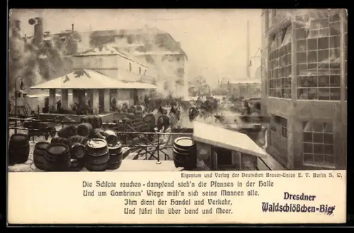 AK Dresden, Internationale Hygiene-Ausstellung 1911, Deutsche Brauer Union e. V., Schlote und Bierfässer