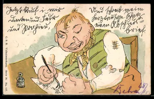 AK Mann schreibt einen Brief, Schreibfaul