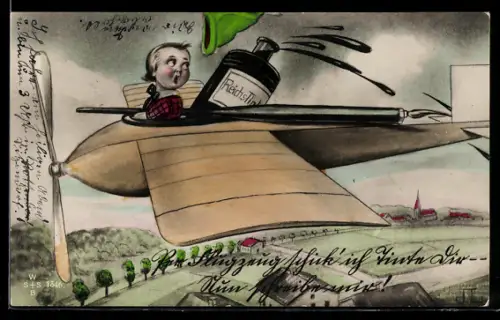 AK Kind fliegt mit Flugzeug und Tintenfass über einen Ort, Schreibfaul