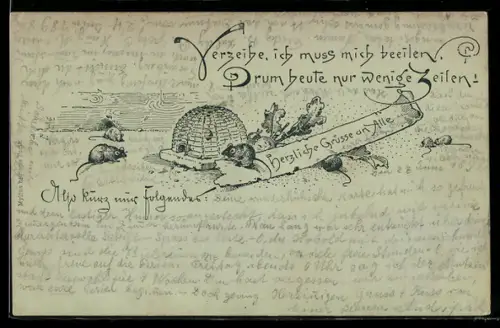 AK Mäuse bei einer kleinen Hütte, Entschuldigung für wenig Zeilen, Schreibfaul