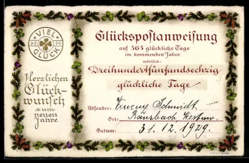 AK Glückspostanweisung mit Neujahrsgruss, Postgeschichte