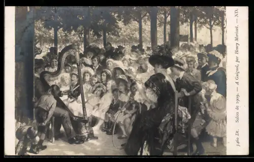 AK Musiker mit Harfe vor Publikum