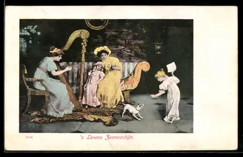 AK Zwei Frauen mit Harfe mit zwei Kindern und Hund