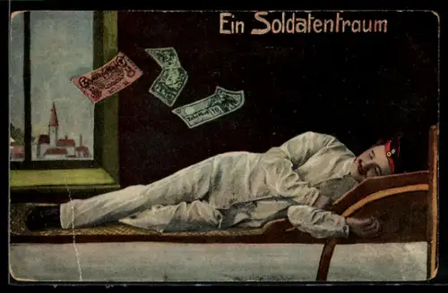 AK Soldat träumt beim schlafen von Geld