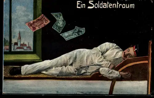 AK Soldat träumt beim schlafen von Geld