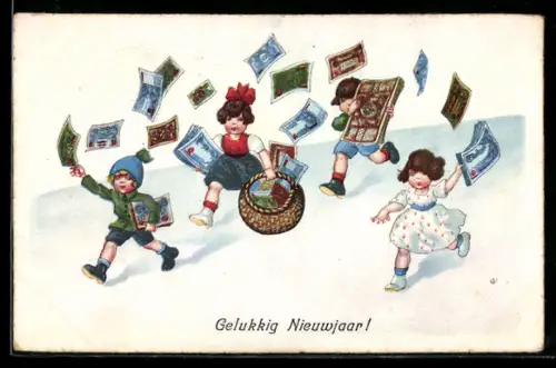 Künstler-AK Kinder werfen Geldscheine