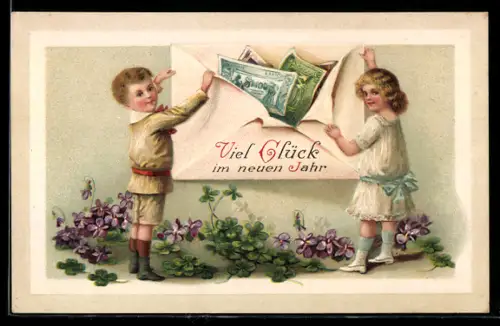 AK Kinder öffnen grossen Brief mit Geldscheinen