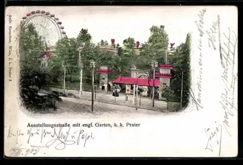 AK Wien, Ausstellungsstrasse mit englischem Garten am Prater, Sonderstempel Englischer Garten