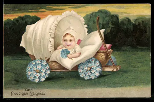 AK Süsses Baby blickt aus einem Kinderwagen mit Blumenrädern