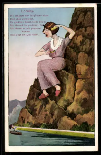 AK Dame sitzt auf dem Loreleyfelsen und kämmt sich das Haar, Dampfer auf dem Rhein
