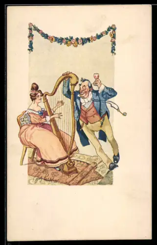 AK Dame spielt auf einer Harfe, betrunkener Herr mit Weinglas