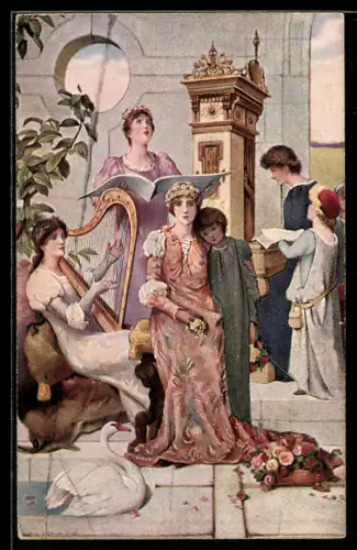 AK Singende Frau mit Notenbuch wird von einer Harfenspielerin begleitet