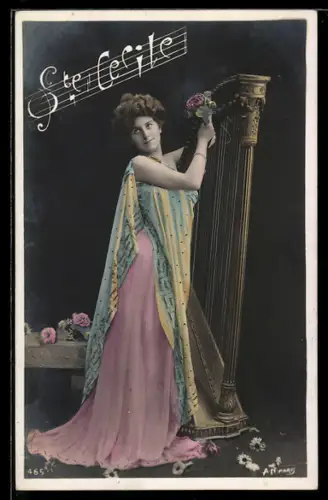 AK Sante Cecile, hübsches Fräulein spielt Harfe