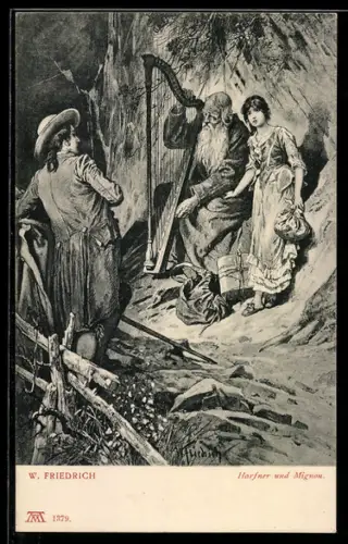 AK W. Friedrich: Goethe mit Harfner und Mignon