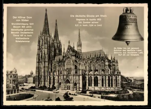 AK Köln, Ansicht des Kölner Doms von Süden, deutsche Glocke am Rhein, gegossen in Apolda 1923