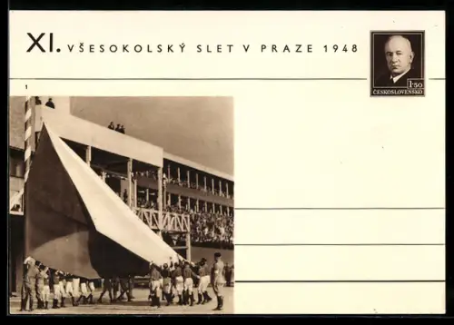 AK Praha, XI. Vsesokolský slet v Praze 1948, Sokol, Aufziehen der Fahne