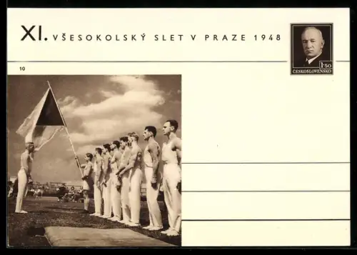 AK Praha, XI. Vsesokolský slet v Praze 1948, Sokol, Athleten mit tschechischer Fahne