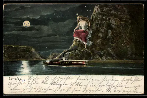 AK Loreley, Frau mit Laute auf einem Felsen