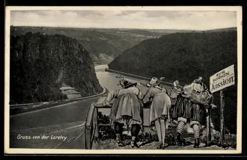 AK Damen auf der Loreley schauen auf den Rhein hinunter