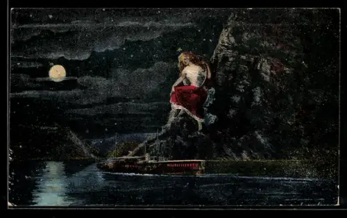 AK Junge Frau sitzt bei Mondschein auf dem Loreleyfelsen, vorübefahrendes Passagierschiff