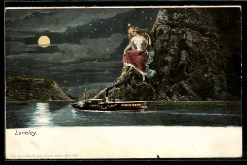 AK Loreley, Frau mit Laute auf einem Felsen