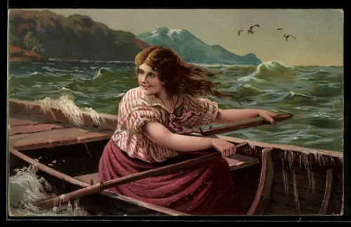 Künstler-AK Junge Dame in einem Ruderboot