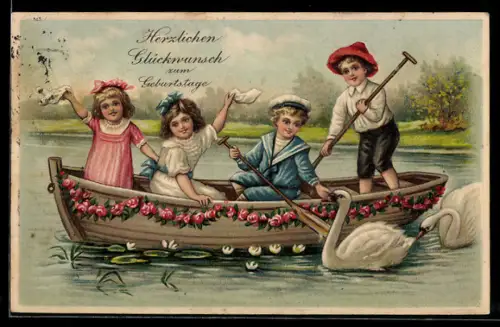 AK Herzlichen Glückwunsch zum Geburtstage Kinder grüssen aus dem Boot