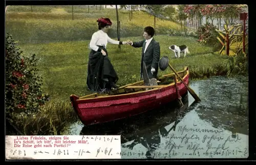 AK Junge Frau wird von jungem Mann auf einem Ruderboot empfangen