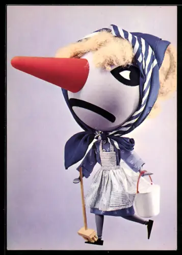 AK Reklame für Tyzine Nasenspray von Pfizer, Frau mit Besen, Eimer und roter Nase