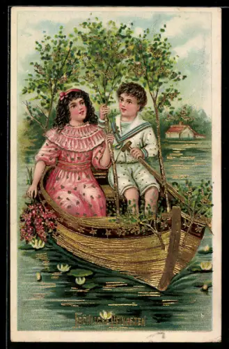 AK Pärchen im Ruderboot, Pfingsgruss
