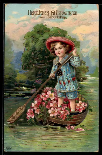 AK Kind im blauen Kleid auf einem Ruderboot mit Blumen