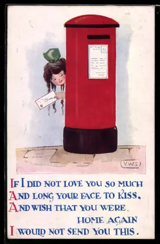 AK Mädchen versteckt sich hinter einem Postkasten