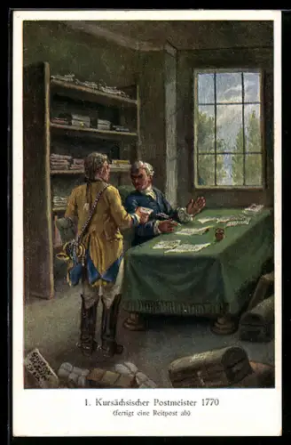 Künstler-AK Kursächsischer Postmeister um 1770 fertigt eine Reitpost ab